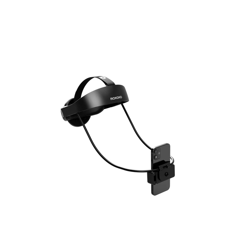Rokoko Headrig - a lightweight black head-mounted rig with an overhead strap and adjustable arms holding a smartphone in front of the user’s face, used for high-quality facial motion capture.