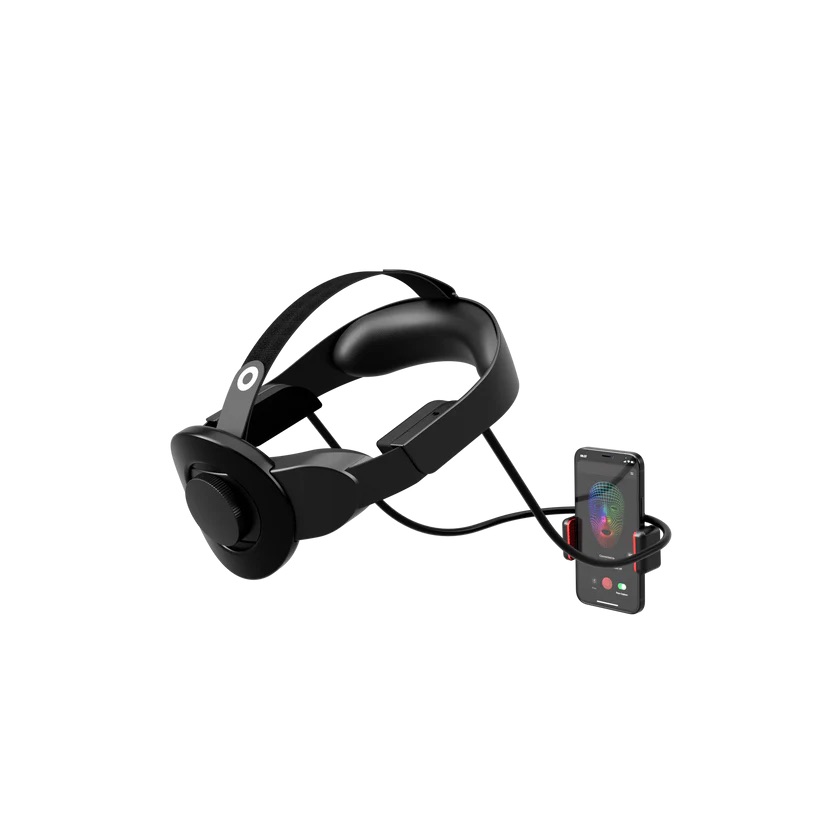 Rokoko Headrig - a lightweight black head-mounted rig with an overhead strap and adjustable arms holding a smartphone in front of the user’s face, used for high-quality facial motion capture.
